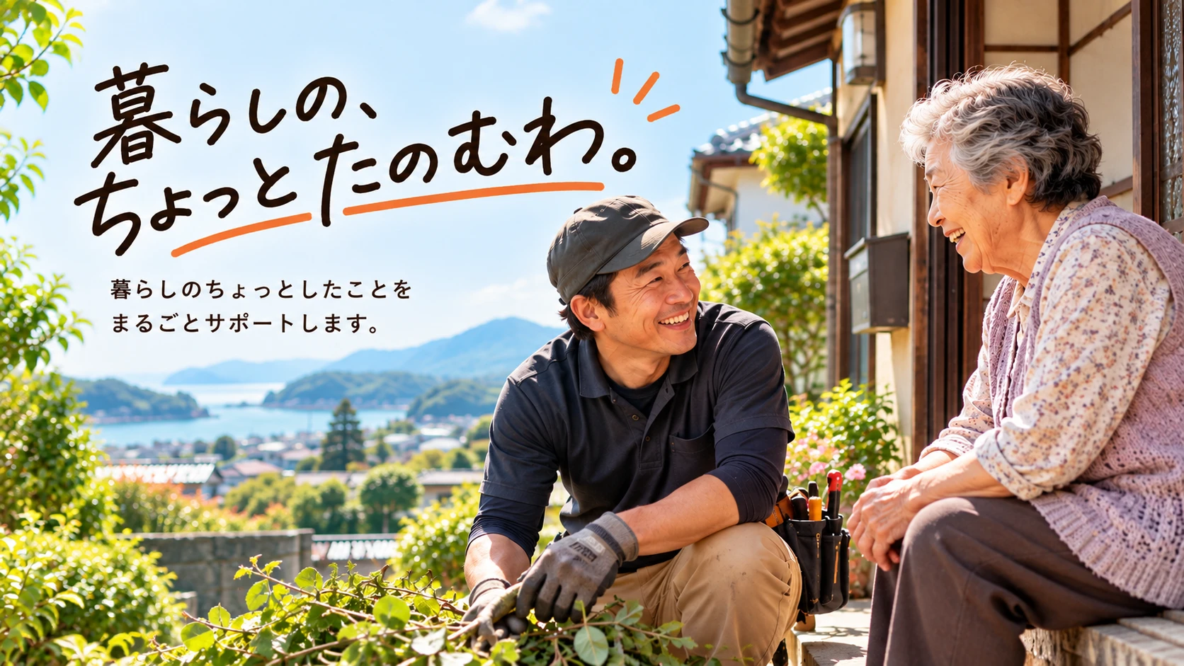 暮らしの、ちょっとたのむわ。暮らしのちょっとしたことをまるごとサポートします。庭先で笑顔で話す作業着の男性と高齢女性